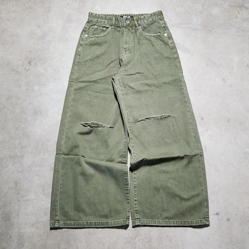 Olive Green Distressed Denim